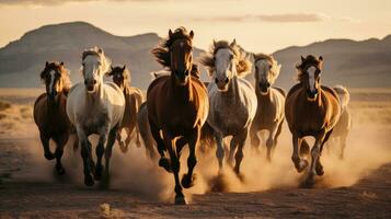 grupo do cavalos corrida galope dentro a deserto. generativo ai foto
