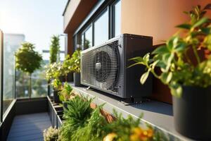 ar fonte calor bomba instalado dentro residencial prédio. generativo ai foto