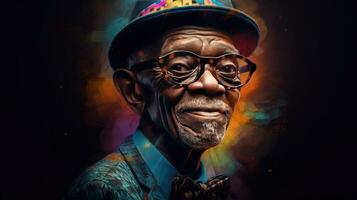 generativo ai, africano americano engraçado feliz velho aposentadoria homem fechar-se retrato, vestindo óculos e moderno elegante roupas foto