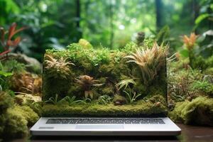 generativo ai, computador portátil coberto dentro musgo e plantas. natureza e tecnologia conceito foto