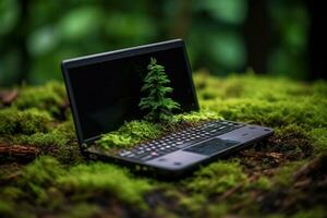 generativo ai, computador portátil coberto dentro musgo e plantas. natureza e tecnologia conceito foto