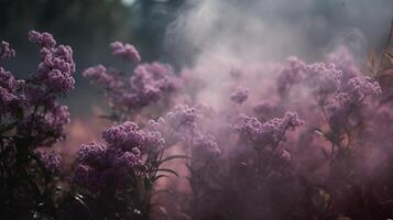 generativo ai, fechar acima crescendo lavanda campo com perfume fumaça, floração lavandula, Rosa roxa flores e grama. foto