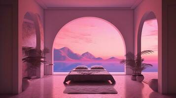 generativo ai, fantasia roxa relaxar quarto com sonhadores cama, arco, janelas e lindo panorama com nuvens. quarto dentro calma lavanda e tolet cores. foto