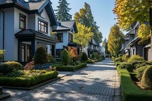 rua com tradicional privado casas. residencial arquitetura exterior. ai gerado foto