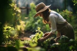 mulher trabalhando dentro jardim, encontro flores generativo ai foto