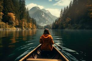 mulher é Navegando em barco em lago dentro lindo montanha panorama. generativo ai foto