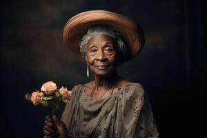 criativo à moda retrato do idosos Preto mulher. generativo ai foto