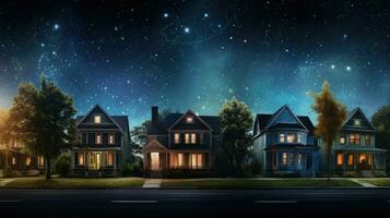 clássico família casa fachadas às noite. suburbano panorama. generativo ai foto