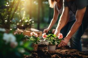 casal trabalhando dentro jardim junto, encontro flores generativo ai foto