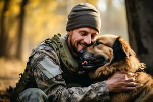 soldado reunido com dele cachorro foto com esvaziar espaço para texto