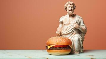 arte escultura do antigo italiano a partir de mármore com uma hamburguer isolado em uma pastel fundo com uma cópia de espaço foto
