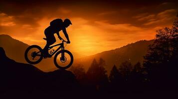 silhueta do uma montanha motociclista em uma pôr do sol fundo. foto
