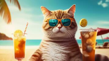fofa gato vestindo oculos de sol e bebendo coquetéis em a de praia. foto