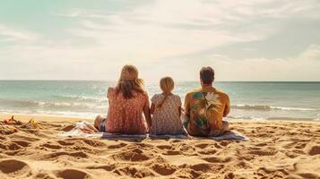 feliz família sentado em de praia e olhando às mar dentro verão foto
