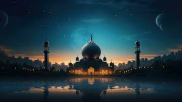 Ramadã kareem fundo com mesquita e lua, eid saudações fundo, mesquita noite Visão foto