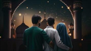 muçulmano família Visão mesquita. muçulmano família eid saudações costas visualizar, Jumma Mubarak foto