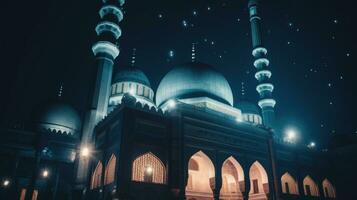 Ramadã kareem fundo com mesquita e lua, eid saudações fundo, mesquita noite Visão foto