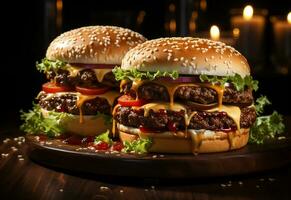 Duplo Hamburger isolado em branco fundo fresco hamburguer velozes Comida com carne e creme queijo realista imagem, ultra hd, Alto Projeto muito detalhado foto