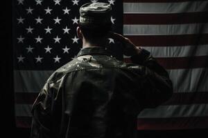 respeito e honra uma cativante costas Visão fotografia do militares saudando a EUA bandeira, uma tributo para patriotismo e sacrifício generativo ai foto