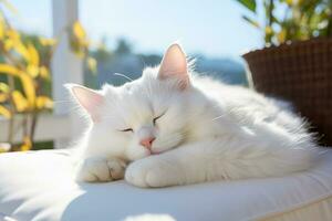 fofa branco gato dormindo pacífico em suave almofada, generativo ai. foto