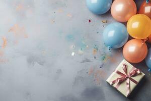 balões, confete e uma caixa com uma presente, em uma cinzento fundo. aniversário conceito. cópia de espaço. generativo ai foto