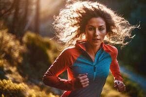 fechar-se tiro do fêmea atleta corrida às pôr do sol dentro nacional parque. generativo ai foto