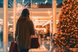 uma mulher caminhando por aí a Shopping antes Natal com dela compras bolsa. generativo ai foto