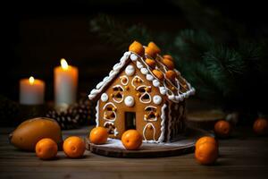 decorado com Pão de gengibre e uma casa em topo Natal bolo. fundo bokeh efeito, velas, árvore e enfeites. generativo ai foto