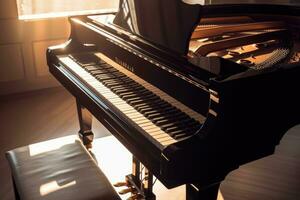 foto do uma piano refletido dentro a do sol raios. generativo ai