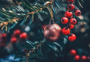 brilhando Natal árvore decorado com ornamental bolas e vermelho bagas para a feriado temporada. generativo ai foto