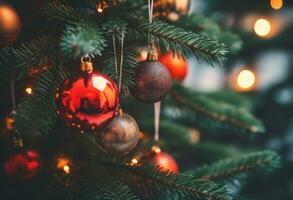 brilhando Natal árvore decorado com ornamental bolas e vermelho bagas para a feriado temporada. generativo ai foto