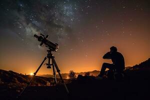 uma stargazer poleiros em uma colina, dele telescópio aguçado para a noite do céu celestial corpos. generativo ai foto