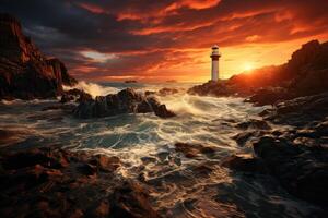 uma negrito farol em pé contra uma tormentoso mar debaixo uma ninhada céu às crepúsculo. generativo ai foto