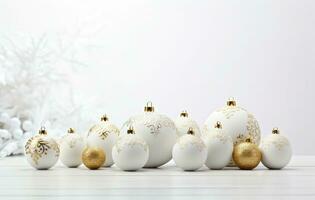 branco e ouro Natal decorações dentro brilhando luzes dentro a neve. minimalista Novo ano conceito. generativo ai foto