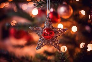 brilhando Natal árvore decorado com ornamental bolas e vermelho bagas para a feriado temporada. generativo ai foto