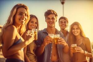 grupo do jovem amigos rindo com frio cervejas às verão Festa. generativo ai foto