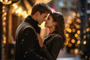jovem casal se beijando debaixo brilhante Natal luzes em Novo anos véspera. generativo ai foto
