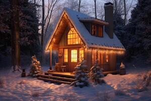 foto do casa decorado para Natal debaixo a neve. generativo ai