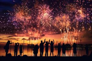 silhuetas do pessoas a comemorar e assistindo fogos de artifício mostrar. generativo ai foto