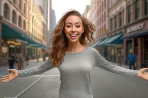 lindo mulher dentro uma cinzento camiseta e jeans poses em uma rua com compras shoppings. generativo ai foto