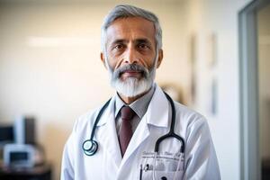 uma retrato tiro do uma masculino médico vestindo uma branco laboratório casaco e estetoscópio. generativo ai foto