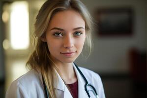 uma retrato tiro do uma fêmea médico vestindo uma branco laboratório casaco e estetoscópio. generativo ai foto