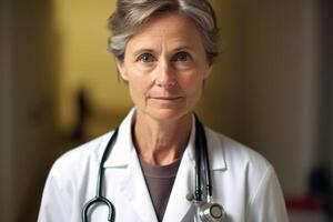 uma retrato tiro do uma fêmea médico vestindo uma branco laboratório casaco e estetoscópio. generativo ai foto