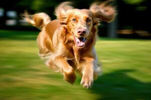 uma fechar - acima tiro do uma alegre, cachorro corrida através a parque. generativo ai foto
