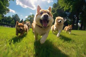 uma grupo do cachorros jogando e corrida juntos dentro a parque. generativo ai foto