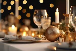 foto do uma lindo jantar mesa preparado para Novo anos véspera. generativo ai