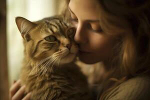 uma foto do uma mulher ternamente se beijando e abraçando dela gato. generativo ai