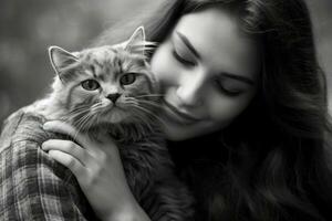 uma foto do uma mulher ternamente se beijando e abraçando dela gato. generativo ai