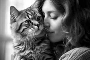 uma foto do uma mulher ternamente se beijando e abraçando dela gato. generativo ai