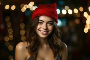 foto do uma lindo mulher dentro uma santa chapéu poses com uma sorriso. generativo ai